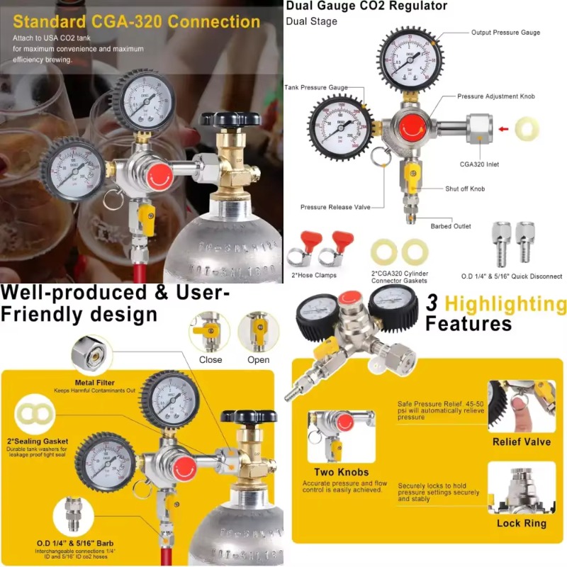 Co2 Regulator Dual Stage - Kegeratör için Çift Göstergeli CO2 Tank